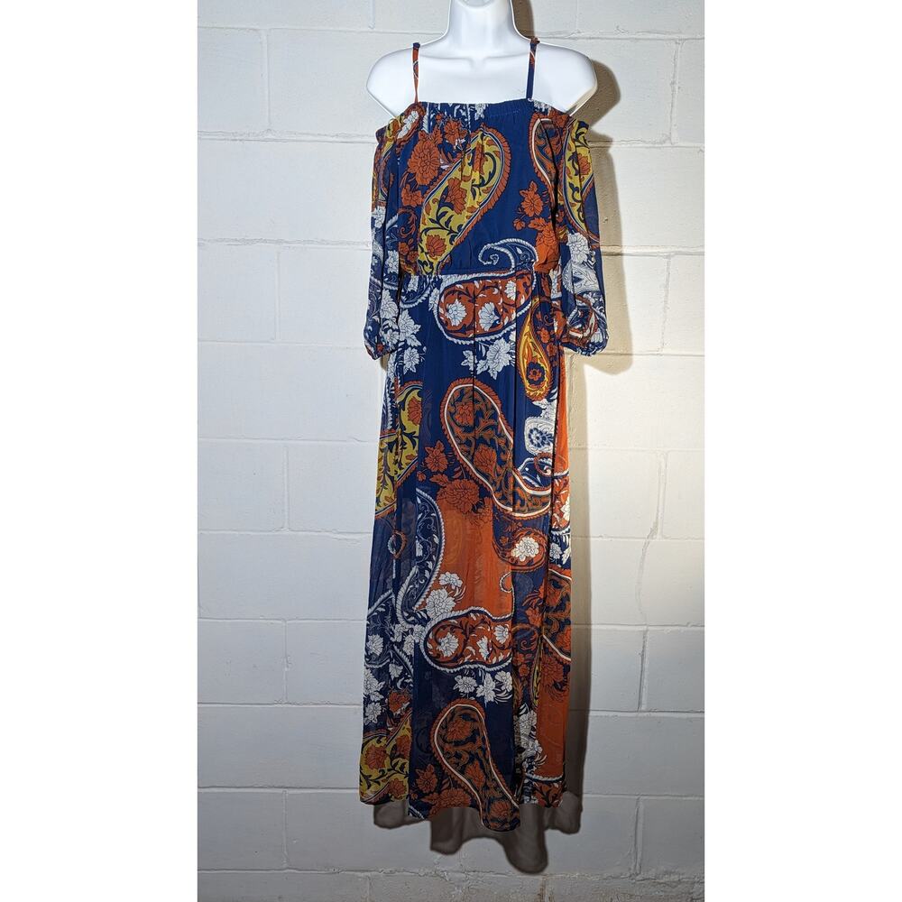 Rue21 Paisley Maxi Dress Off Shoulder Spaghetti Strap Long Sleeve Sheer Small